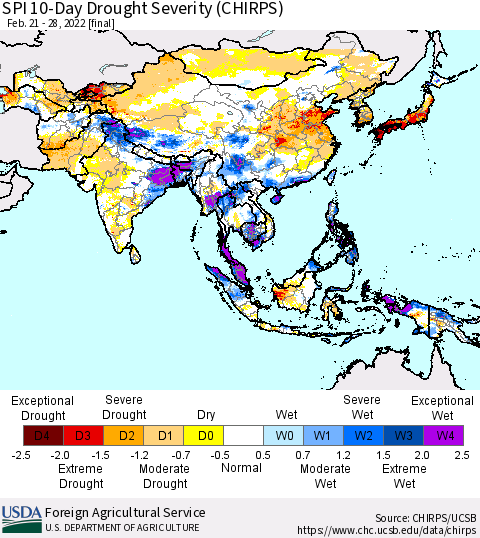 Asia SPI 10-Day Drought Severity (CHIRPS) Thematic Map For 2/21/2022 - 2/28/2022
