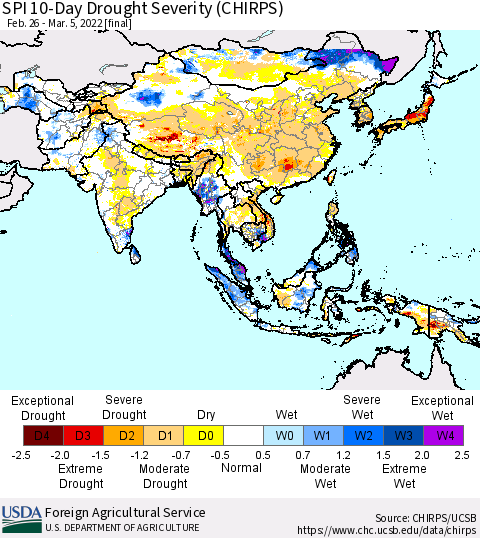 Asia SPI 10-Day Drought Severity (CHIRPS) Thematic Map For 2/26/2022 - 3/5/2022