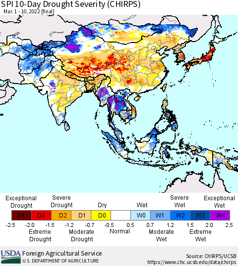 Asia SPI 10-Day Drought Severity (CHIRPS) Thematic Map For 3/1/2022 - 3/10/2022