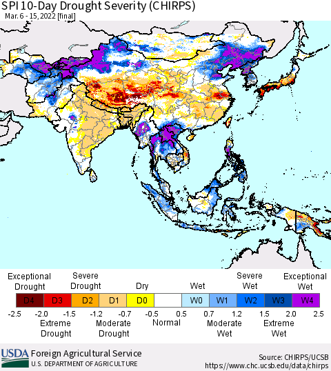 Asia SPI 10-Day Drought Severity (CHIRPS) Thematic Map For 3/6/2022 - 3/15/2022