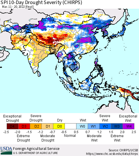 Asia SPI 10-Day Drought Severity (CHIRPS) Thematic Map For 3/11/2022 - 3/20/2022