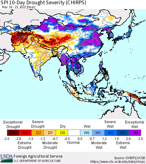 Asia SPI 10-Day Drought Severity (CHIRPS) Thematic Map For 3/16/2022 - 3/25/2022