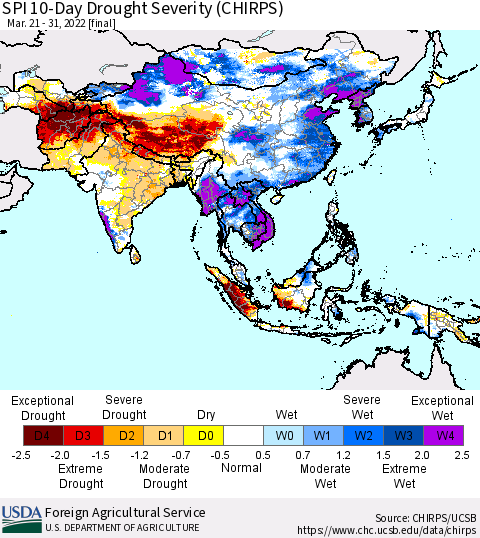 Asia SPI 10-Day Drought Severity (CHIRPS) Thematic Map For 3/21/2022 - 3/31/2022