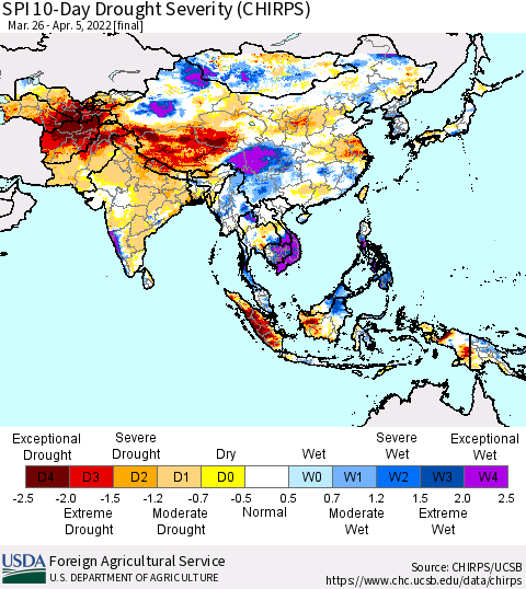 Asia SPI 10-Day Drought Severity (CHIRPS) Thematic Map For 3/26/2022 - 4/5/2022