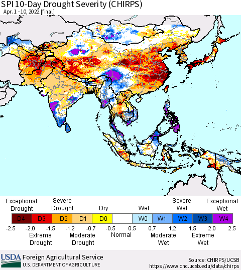 Asia SPI 10-Day Drought Severity (CHIRPS) Thematic Map For 4/1/2022 - 4/10/2022
