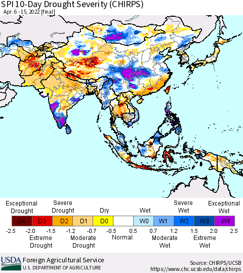 Asia SPI 10-Day Drought Severity (CHIRPS) Thematic Map For 4/6/2022 - 4/15/2022