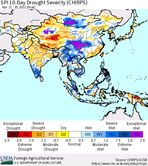 Asia SPI 10-Day Drought Severity (CHIRPS) Thematic Map For 4/11/2022 - 4/20/2022