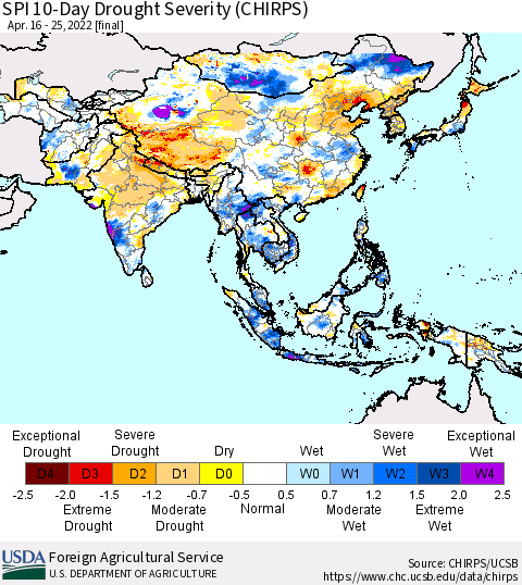 Asia SPI 10-Day Drought Severity (CHIRPS) Thematic Map For 4/16/2022 - 4/25/2022