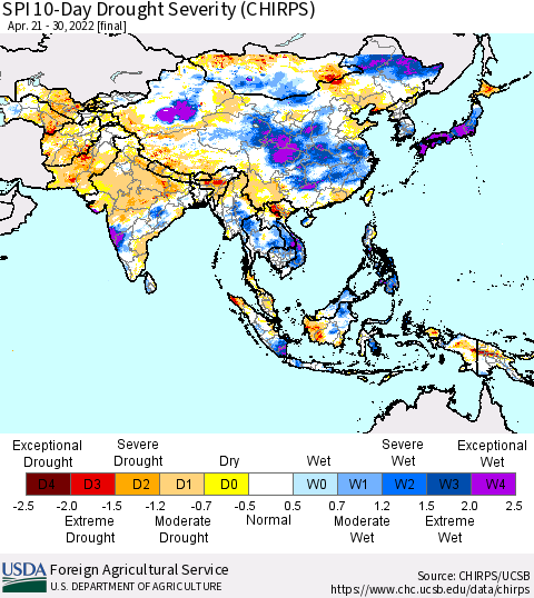 Asia SPI 10-Day Drought Severity (CHIRPS) Thematic Map For 4/21/2022 - 4/30/2022