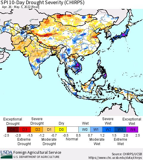 Asia SPI 10-Day Drought Severity (CHIRPS) Thematic Map For 4/26/2022 - 5/5/2022