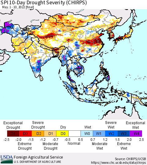 Asia SPI 10-Day Drought Severity (CHIRPS) Thematic Map For 5/1/2022 - 5/10/2022