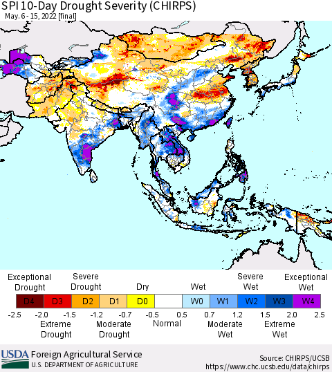 Asia SPI 10-Day Drought Severity (CHIRPS) Thematic Map For 5/6/2022 - 5/15/2022