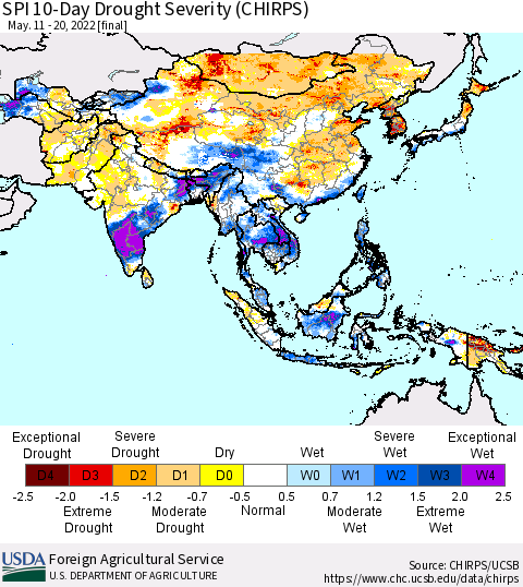 Asia SPI 10-Day Drought Severity (CHIRPS) Thematic Map For 5/11/2022 - 5/20/2022