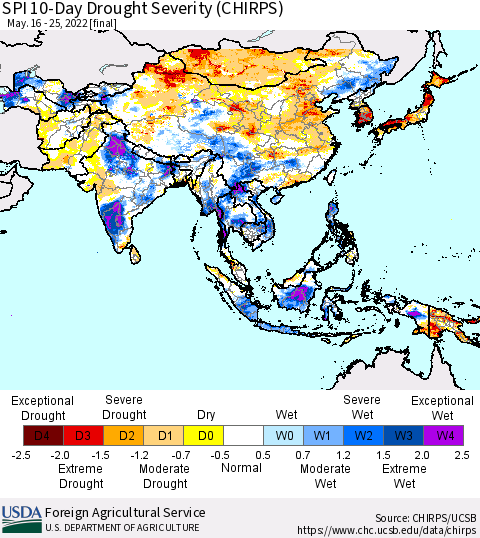 Asia SPI 10-Day Drought Severity (CHIRPS) Thematic Map For 5/16/2022 - 5/25/2022