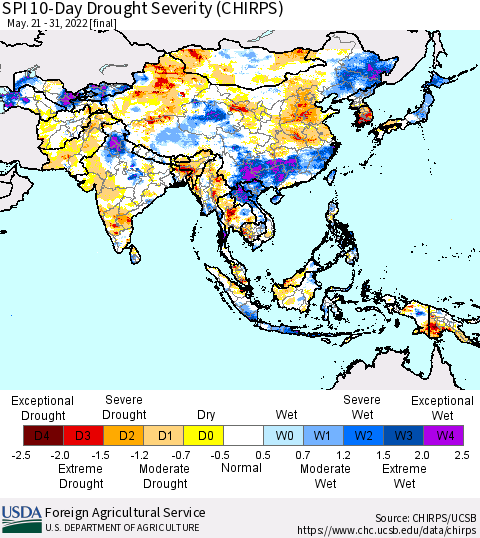 Asia SPI 10-Day Drought Severity (CHIRPS) Thematic Map For 5/21/2022 - 5/31/2022