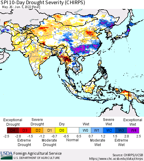 Asia SPI 10-Day Drought Severity (CHIRPS) Thematic Map For 5/26/2022 - 6/5/2022