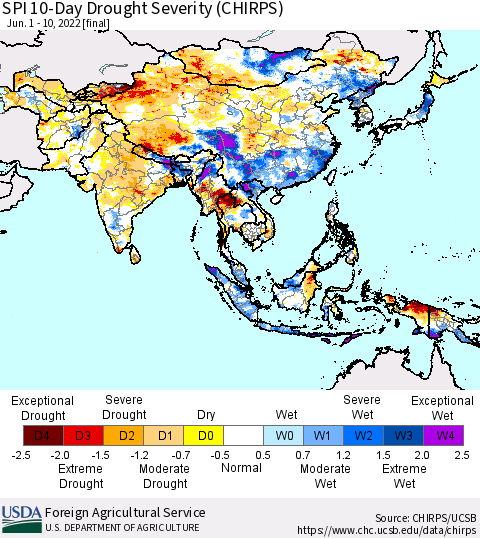 Asia SPI 10-Day Drought Severity (CHIRPS) Thematic Map For 6/1/2022 - 6/10/2022