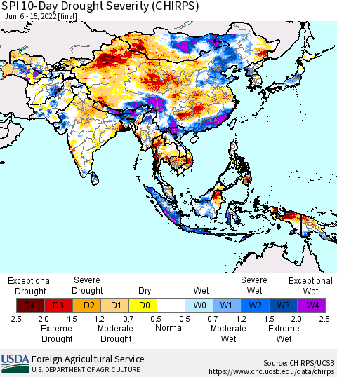 Asia SPI 10-Day Drought Severity (CHIRPS) Thematic Map For 6/6/2022 - 6/15/2022