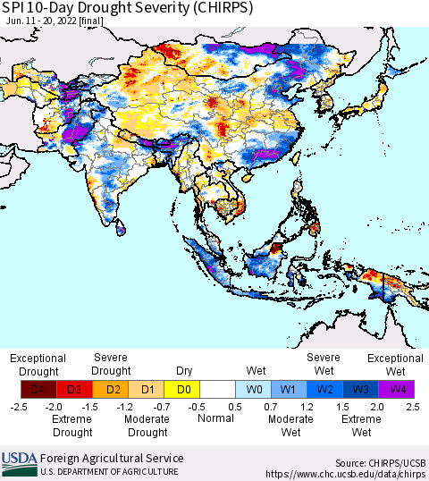 Asia SPI 10-Day Drought Severity (CHIRPS) Thematic Map For 6/11/2022 - 6/20/2022