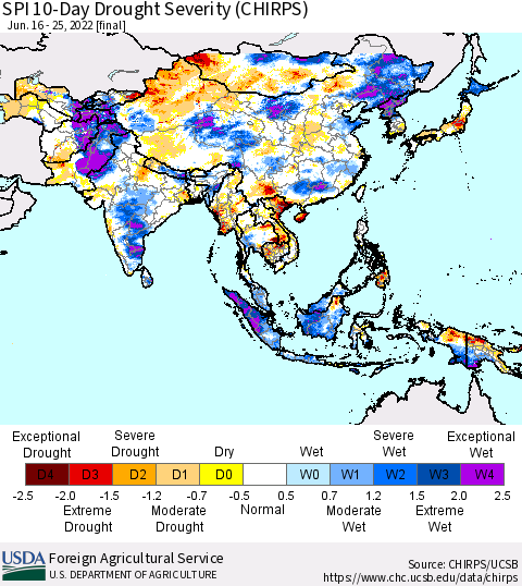 Asia SPI 10-Day Drought Severity (CHIRPS) Thematic Map For 6/16/2022 - 6/25/2022