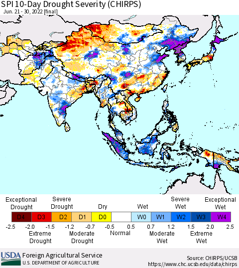 Asia SPI 10-Day Drought Severity (CHIRPS) Thematic Map For 6/21/2022 - 6/30/2022