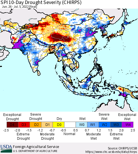 Asia SPI 10-Day Drought Severity (CHIRPS) Thematic Map For 6/26/2022 - 7/5/2022