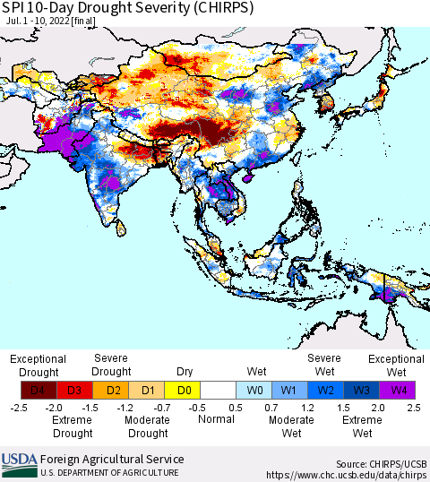 Asia SPI 10-Day Drought Severity (CHIRPS) Thematic Map For 7/1/2022 - 7/10/2022