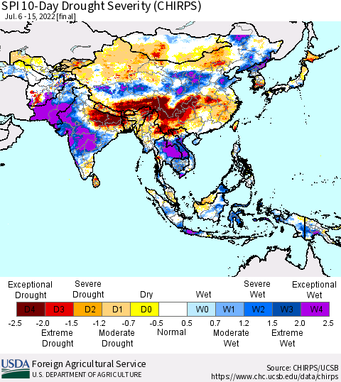Asia SPI 10-Day Drought Severity (CHIRPS) Thematic Map For 7/6/2022 - 7/15/2022