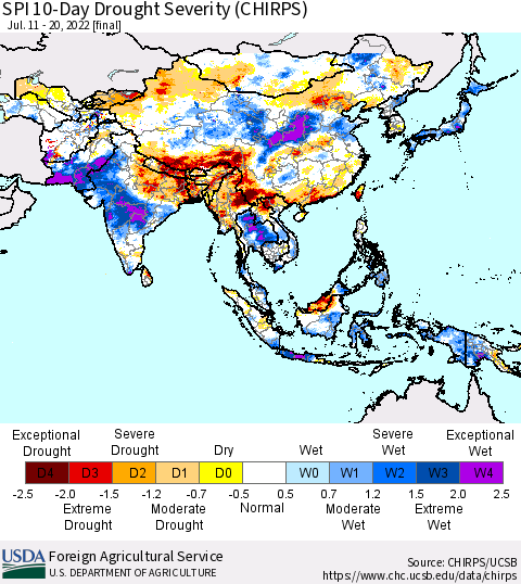 Asia SPI 10-Day Drought Severity (CHIRPS) Thematic Map For 7/11/2022 - 7/20/2022