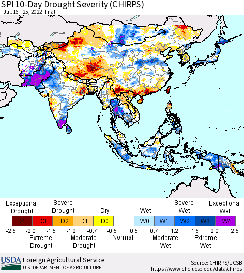 Asia SPI 10-Day Drought Severity (CHIRPS) Thematic Map For 7/16/2022 - 7/25/2022