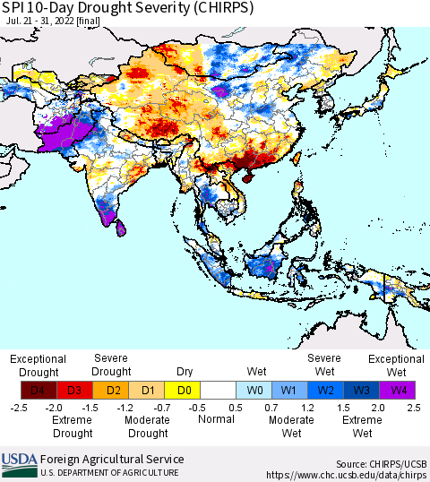 Asia SPI 10-Day Drought Severity (CHIRPS) Thematic Map For 7/21/2022 - 7/31/2022