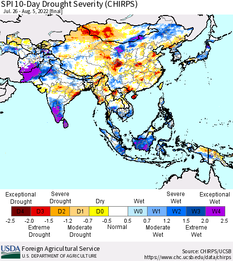 Asia SPI 10-Day Drought Severity (CHIRPS) Thematic Map For 7/26/2022 - 8/5/2022