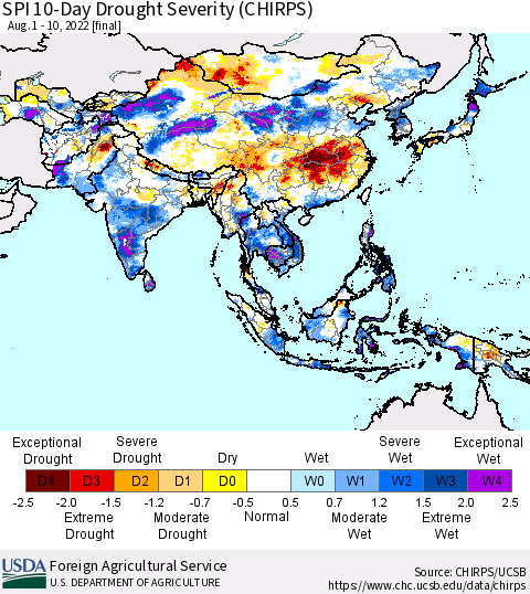 Asia SPI 10-Day Drought Severity (CHIRPS) Thematic Map For 8/1/2022 - 8/10/2022