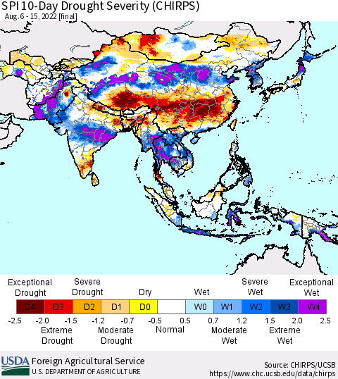 Asia SPI 10-Day Drought Severity (CHIRPS) Thematic Map For 8/6/2022 - 8/15/2022