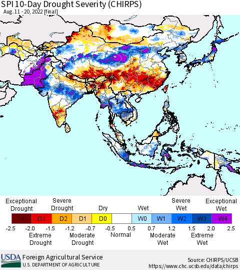 Asia SPI 10-Day Drought Severity (CHIRPS) Thematic Map For 8/11/2022 - 8/20/2022