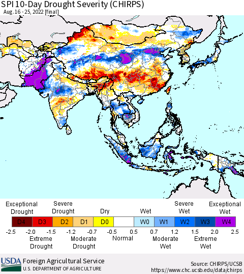 Asia SPI 10-Day Drought Severity (CHIRPS) Thematic Map For 8/16/2022 - 8/25/2022