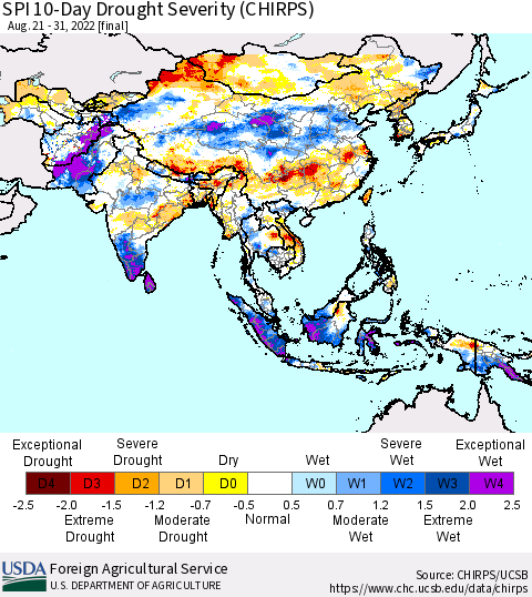 Asia SPI 10-Day Drought Severity (CHIRPS) Thematic Map For 8/21/2022 - 8/31/2022