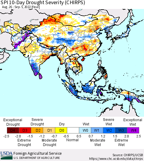 Asia SPI 10-Day Drought Severity (CHIRPS) Thematic Map For 8/26/2022 - 9/5/2022