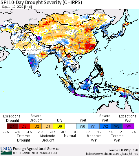Asia SPI 10-Day Drought Severity (CHIRPS) Thematic Map For 9/1/2022 - 9/10/2022