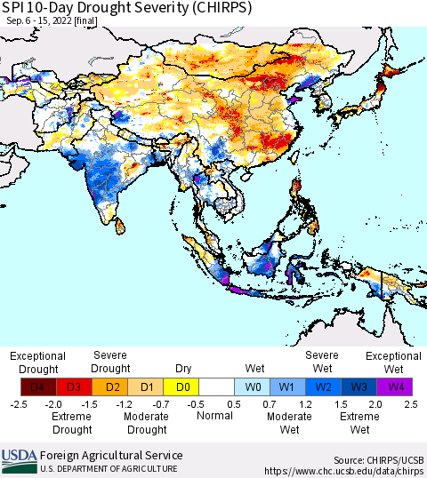 Asia SPI 10-Day Drought Severity (CHIRPS) Thematic Map For 9/6/2022 - 9/15/2022