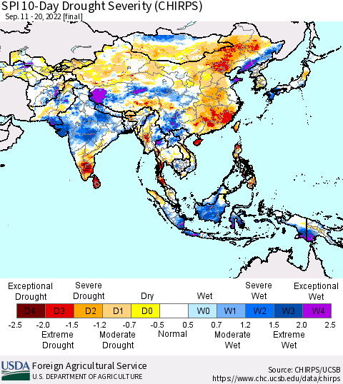 Asia SPI 10-Day Drought Severity (CHIRPS) Thematic Map For 9/11/2022 - 9/20/2022