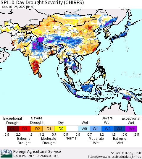 Asia SPI 10-Day Drought Severity (CHIRPS) Thematic Map For 9/16/2022 - 9/25/2022