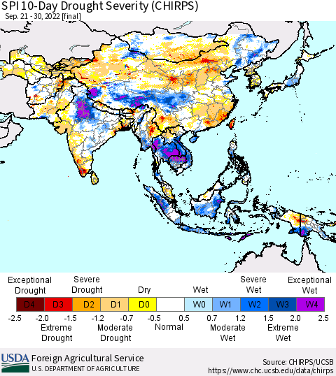 Asia SPI 10-Day Drought Severity (CHIRPS) Thematic Map For 9/21/2022 - 9/30/2022