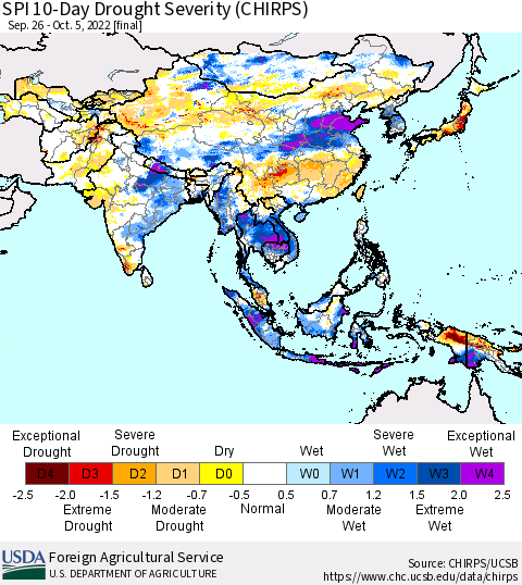 Asia SPI 10-Day Drought Severity (CHIRPS) Thematic Map For 9/26/2022 - 10/5/2022