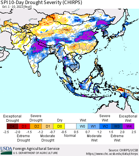 Asia SPI 10-Day Drought Severity (CHIRPS) Thematic Map For 10/1/2022 - 10/10/2022
