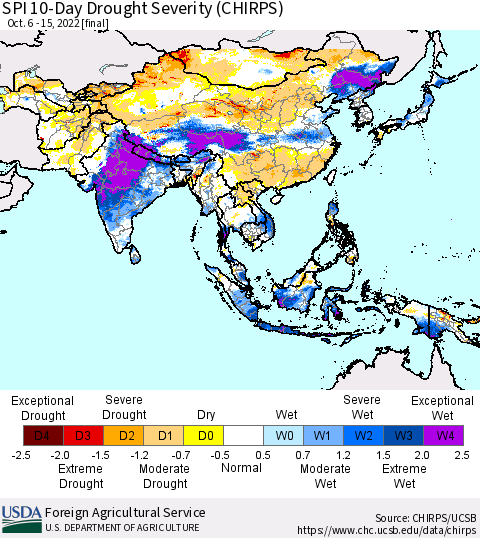 Asia SPI 10-Day Drought Severity (CHIRPS) Thematic Map For 10/6/2022 - 10/15/2022
