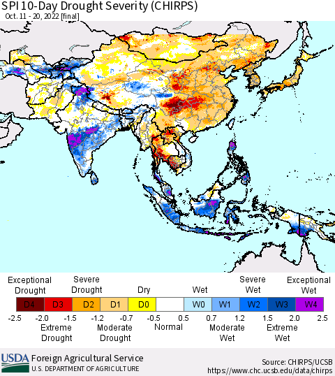 Asia SPI 10-Day Drought Severity (CHIRPS) Thematic Map For 10/11/2022 - 10/20/2022