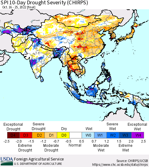 Asia SPI 10-Day Drought Severity (CHIRPS) Thematic Map For 10/16/2022 - 10/25/2022