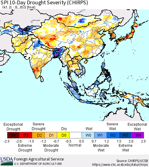 Asia SPI 10-Day Drought Severity (CHIRPS) Thematic Map For 10/21/2022 - 10/31/2022