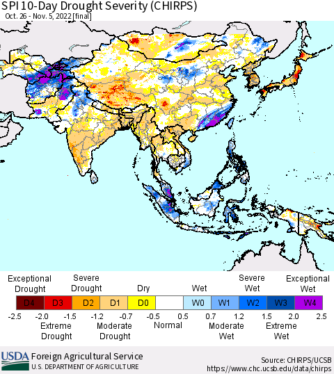 Asia SPI 10-Day Drought Severity (CHIRPS) Thematic Map For 10/26/2022 - 11/5/2022